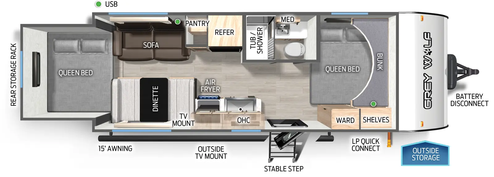 The Cherokee Black Label 19SMBL floorplan has one entry and one slide out. Exterior features include: fiberglass exterior and 15' awning. Interiors features include: front bedroom, rear bedroom and two bedrooms.